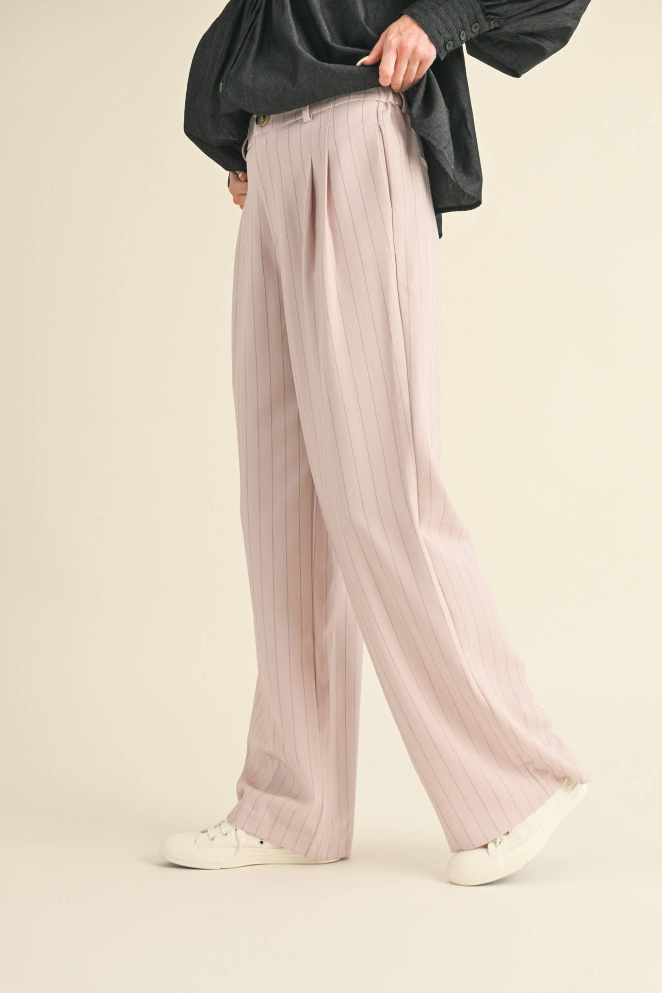 Wide Leg Pinstripe Trousers in Soft Pink