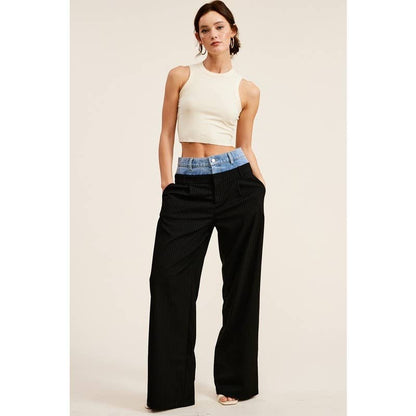 Denim Waistband Contrast Pinstripe Wide Leg