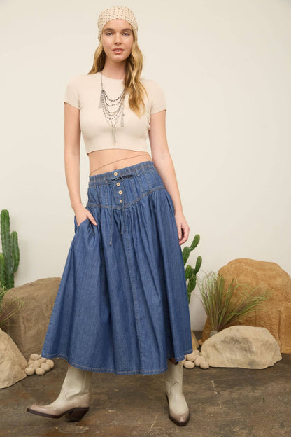 YOKE DETAIL DENIM MAXI SKIRT