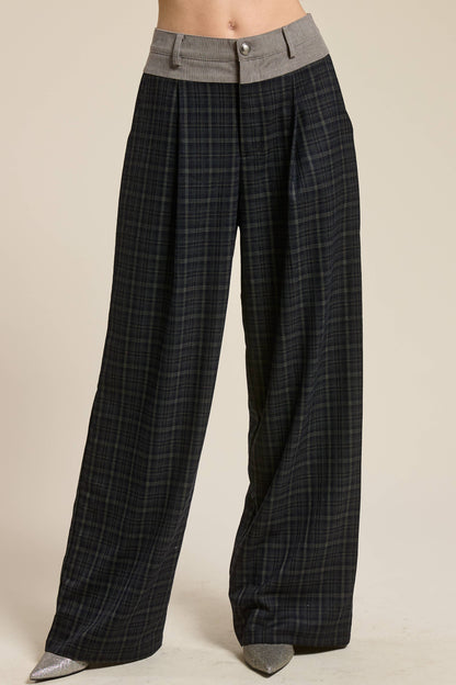 Plaid Pleated Trousers with Corduroy Waistband