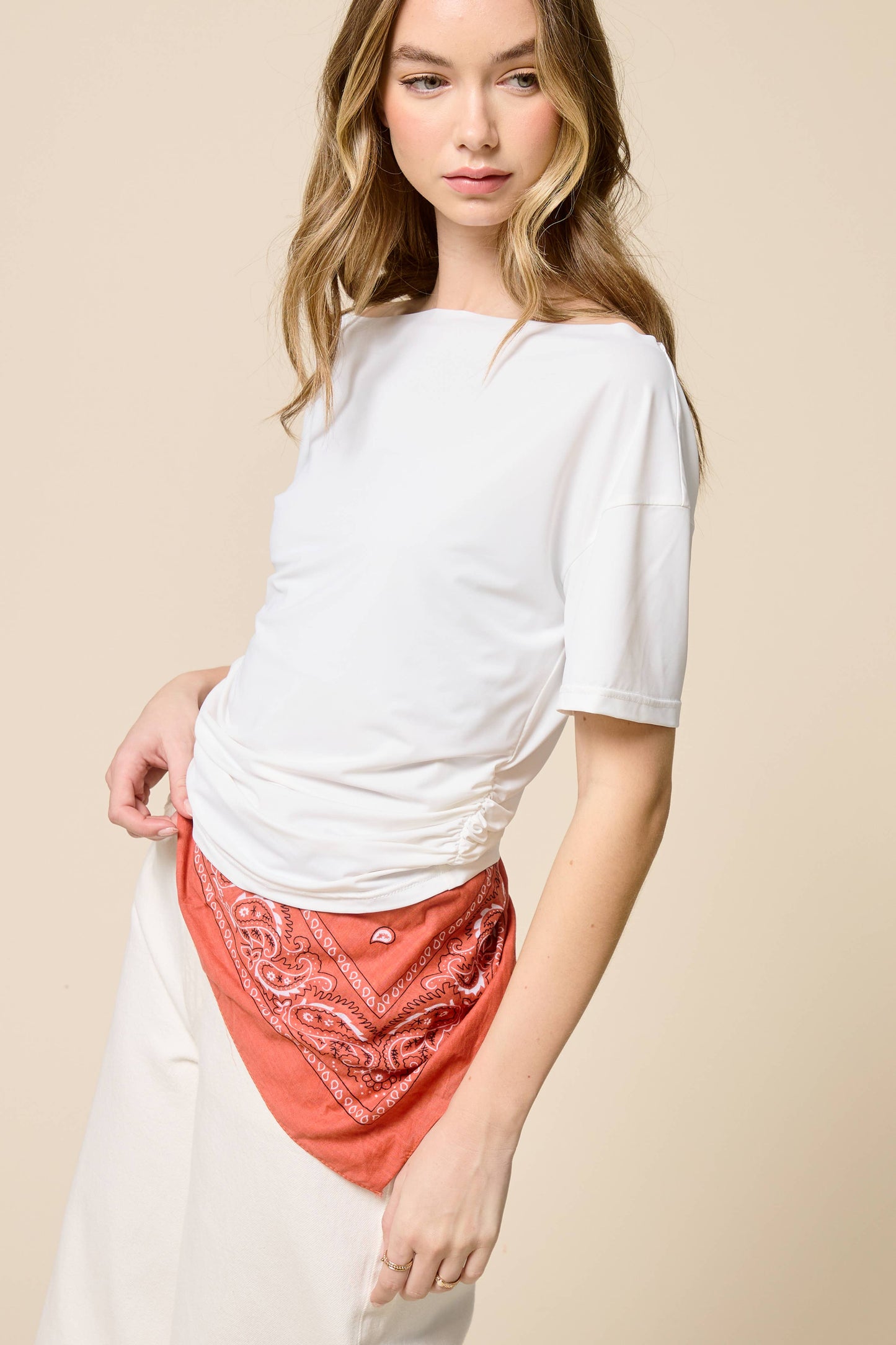 Ruched One Shoulder Short Sleeve Top