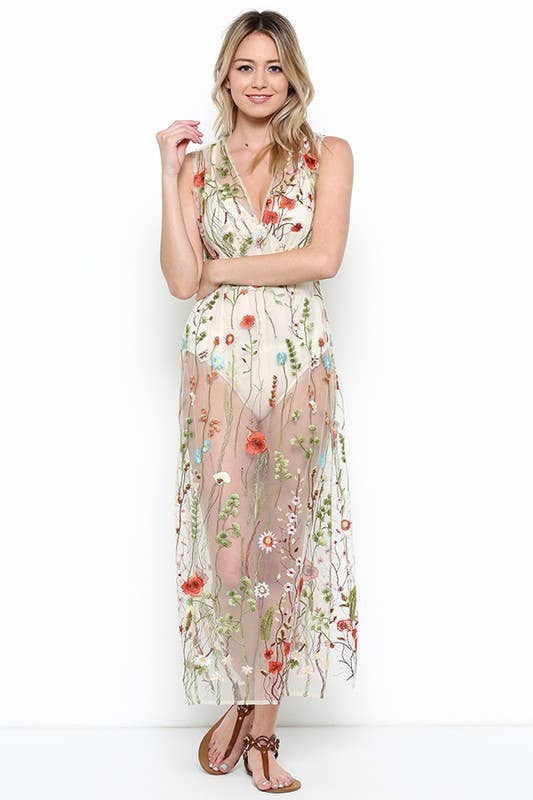 Embroidered Floral Mesh Dress