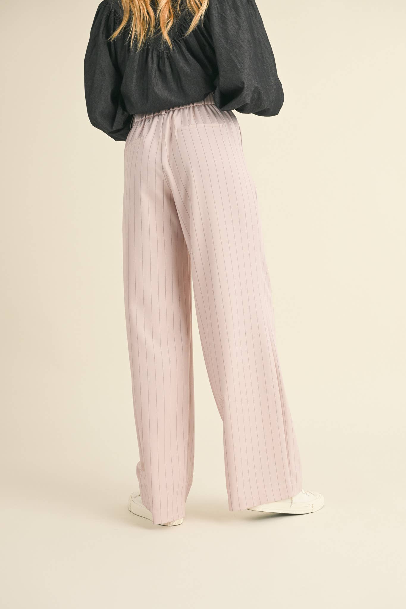 Wide Leg Pinstripe Trousers in Soft Pink