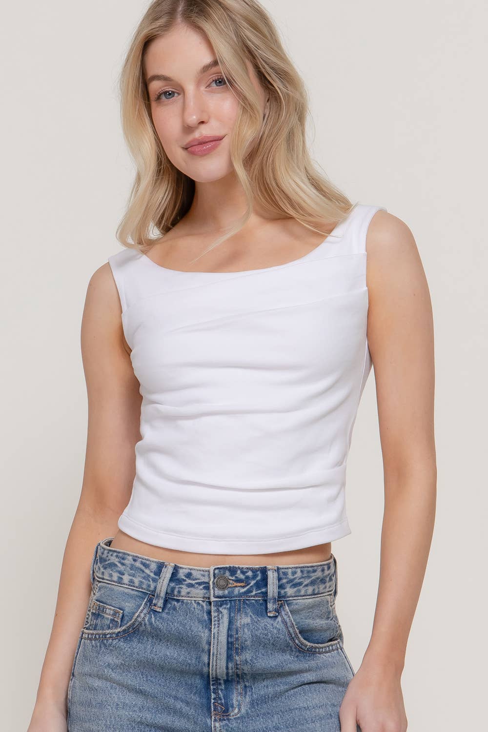 Sleeveless Wide Boat Neck Draped Knit Top