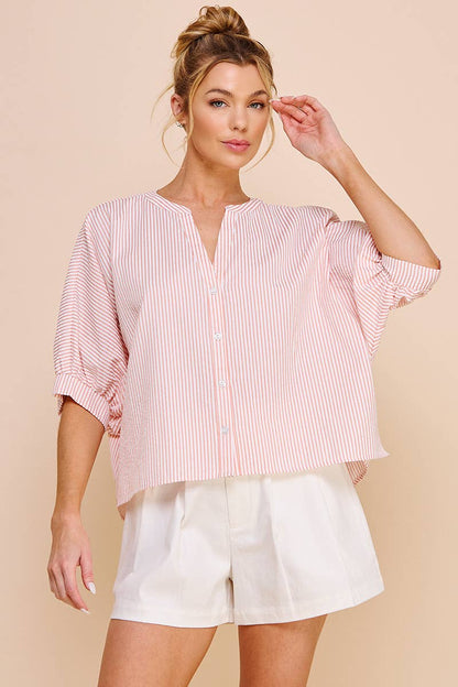 Pink Pinstripe Seersucker Dolman Blouse