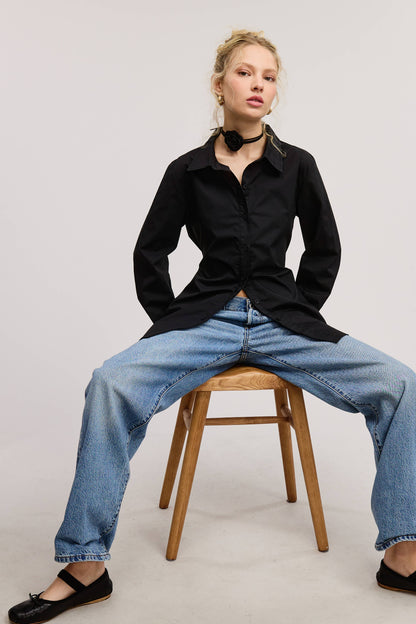 Fitted Collared Shirt Blouse with Back Self-Tie
