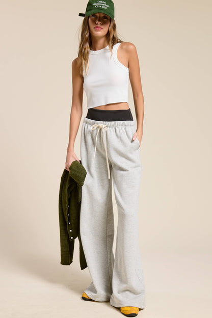 Wide Leg  Sweatpants with Contrast Waistband