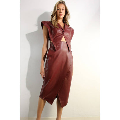 FAUX LEATHER VEST JACKET AND SKIRT SET