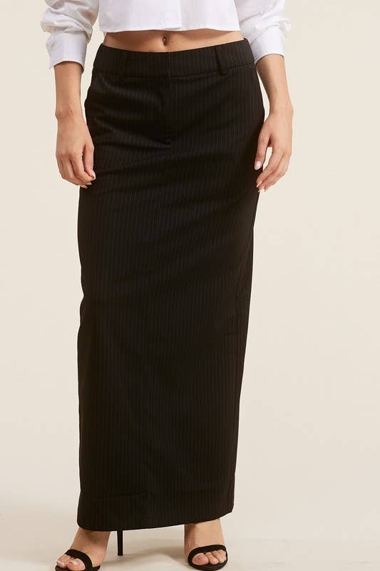 Classic Pinstriped Slim-Fit Maxi Skirt with Back Slit
