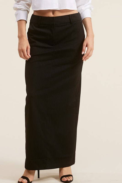 Classic Pinstriped Slim-Fit Maxi Skirt with Back Slit
