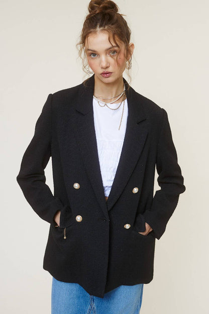 Tweed Blazer Jacket with Faux Pearl Button