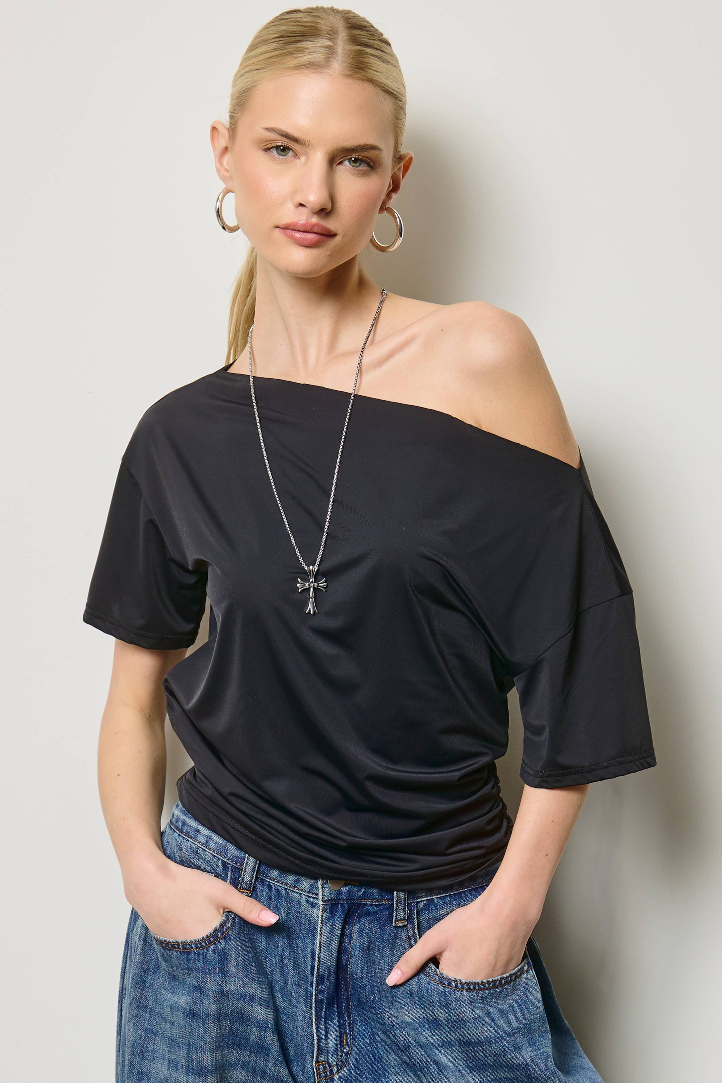 Ruched One Shoulder Short Sleeve Top