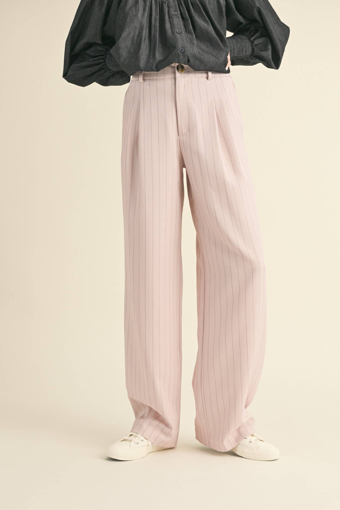 Wide Leg Pinstripe Trousers in Soft Pink
