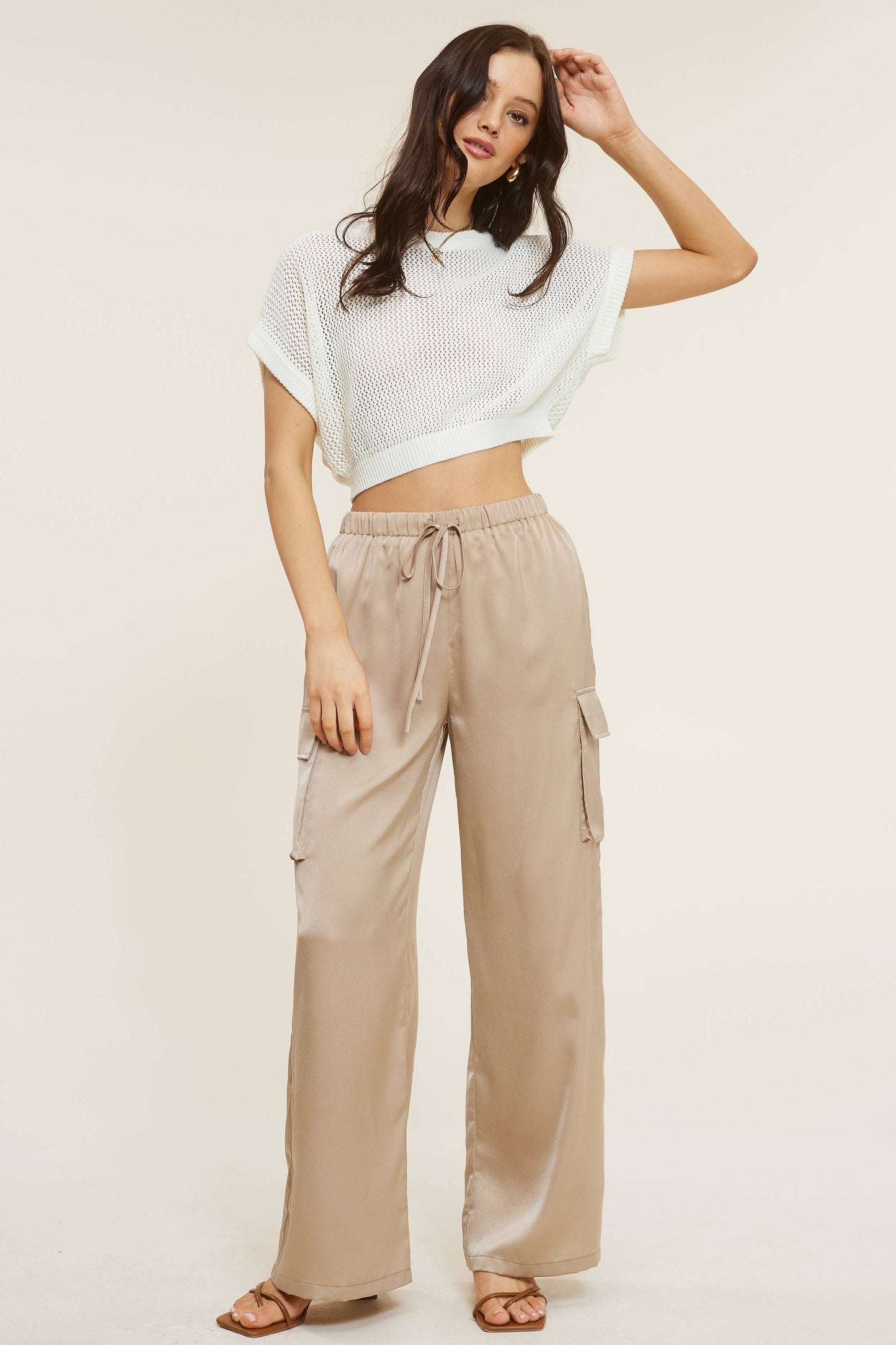 Satin Cargo Wide-Leg Pants