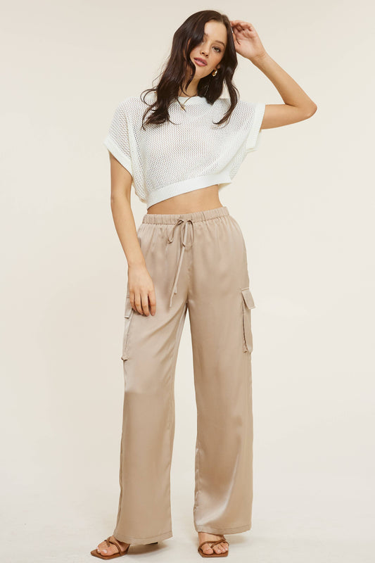 Satin Cargo Wide-Leg Pants