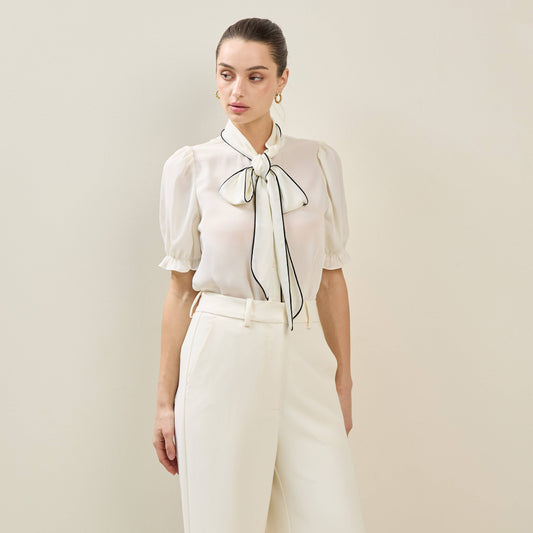 Contrast Trim Bow Tie Blouse
