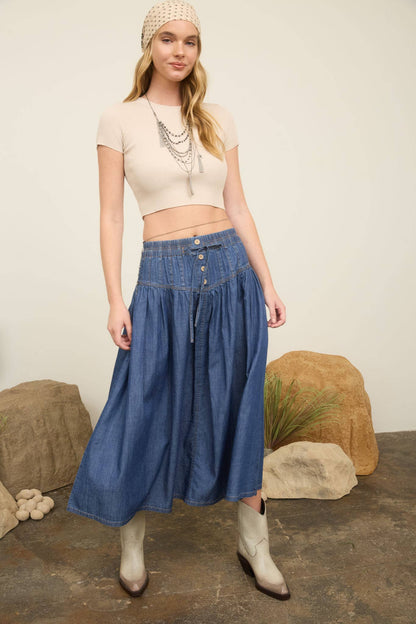 YOKE DETAIL DENIM MAXI SKIRT